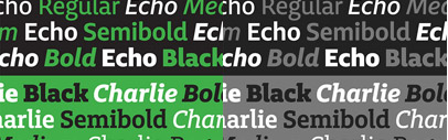 Echo‚ a sans serif counterpart to Charlie‚ designed by Ross Milne‚ with the Cyrillic by Gayaneh Bagdasaryan and Greek by Natasha Raissaki.