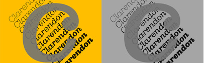 Clarendon Graphic by François Rappo. It comes with 10 weights and corresponding italics. The stencil version comes with 3 weights and corresponding italics.
