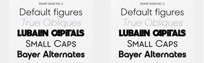 Sharp Sans No. 2‚ being the more geometric of Superset pair‚ has a more traditional oblique for its italic‚ as well as alternative reductionist Herbert Bayer-inspired lowercase.