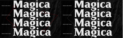 The Magica family is generated from three basic interpolation premises; width&sbquo; weight and serif.