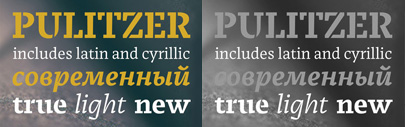 Pulitzer‚ a contemporary slab serif inspired by the broad nib pen‚ designed by Olga Pankov. It supports Latin and Cyrillic.