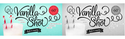 Vanilla Shot‚ a smooth script family with two weights and an ornament set. Vanilla Shot Family is 60% off until October 2.