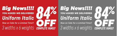 Italics were added to Uniform. Uniform Complete Family and Uniform Italic Complete Family are 84% off until Feb 26.