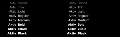 Aktiv Grotesk’s eight new styles now expand the range of expressions‚ from Hairline to Black weight‚ with matching italics.