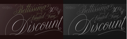 Bellissima Script‚ a copperplate script typeface‚ by Alejandro Paul. Bellissima Script Pro is a complete font with almost 2000 characters full of alternates‚ swashes‚ ligatures & ornaments covering a wide palette of latin languages.