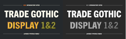 Monotype released Trade Gothic Display. Trade Gothic Display Complete Family Pack is 50% off for a limited time.