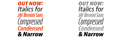 @timandshoko added Narrow‚ Condensed and Compressed italics to JAF Bernini Sans superfamily. To celebrate this‚ the whole superfamily (as well as the upgrade pack) is 50% off until 31 December.