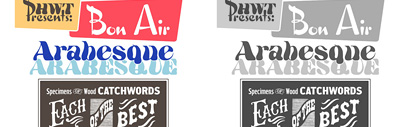 Hamilton Wood Type Foundry has released Arabesque‚ Bon Air‚ and Catchwords. Special offer: those 3 fonts are now $49.95 instead of $75.