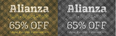 Alianza‚ comes with three styles; slab‚ italic and script by Corradine Fonts.