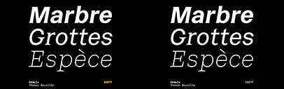 205TF released Dédale designed by Thomas Bouville. Dédale is a hybrid type family inspired by inscriptions cut into the stone of the underground passages of the Paris Catacombs.