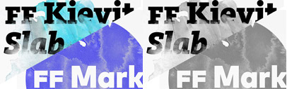 FF Mark and FF Kievit Slab from FontFont and Cyrillic extensions for FF Mister K Regular‚ FF Mister K Informal‚ FF Profile and FF Tisa Sans.