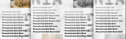 Christian Schwartz’s Pennsylvania has now four families: Pennsylvania‚ Pennsylvania Sans‚ Pennsylvania Sans Condensed‚ and Pennsylvania Slab.