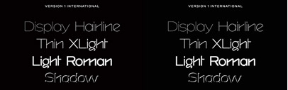 Version 1 International‚ a geometric sans serif‚ by Oliver Jeschke and Oliver Mayer.
