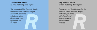 Italics were added to Tiny Grotesk.
