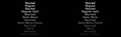 Neureal was originally released from ECAL Typefaces in March 2023. It was expanded and moved to Outline Online.