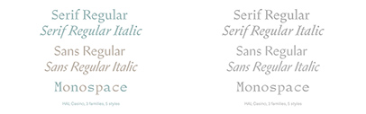 HAL Typefaces released HAL Casino. It comes in three subfamilies: Serif‚ Sans‚ and Mono.
