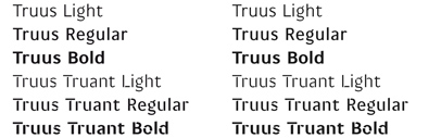 Truus‚ by Rade Matic‚ is a sans serif that comes with two sets of families in three weights.