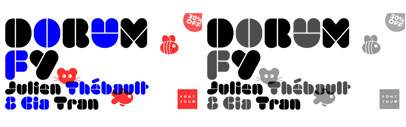 Dorum FY is a black modular stencil display font with very rounded elements. 30% off till May 31.