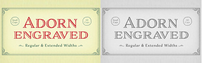 Laura Worthington’s new typeface‚ Adorn. It offers seven display fonts‚ four script designs‚ monograms‚ ornaments‚ illustrations‚ banners‚ frames‚ and catchwords.