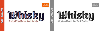 Whisky is a blackletter font family with a casual touch that makes it look friendly and current. 70% off until Oct 26.